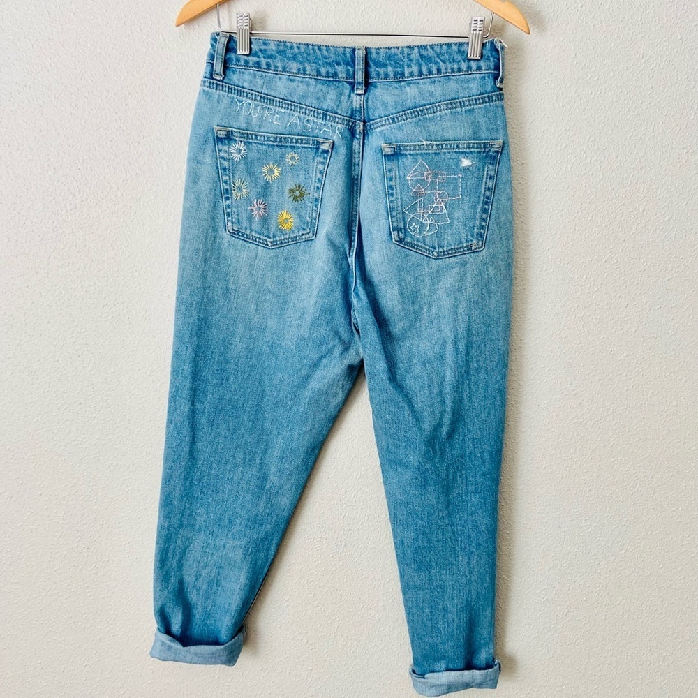 Topshop  Womens Embroidered Bohemian You Are Amazing Jeans Size 30